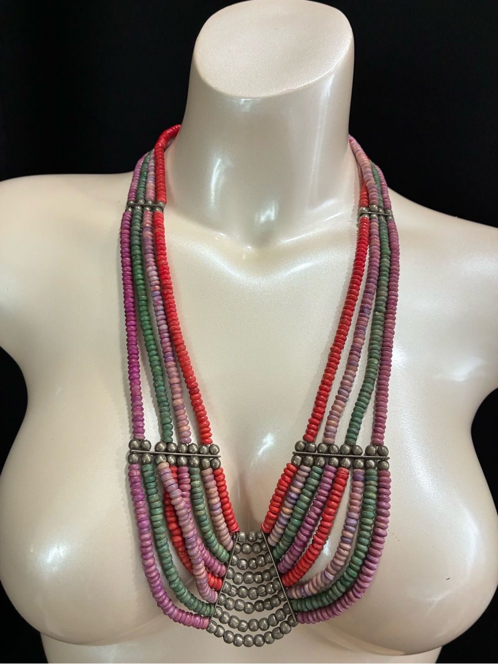 Multistrand Beaded Statement Necklace in Pink, Purple, Red & Green Silver- Tone